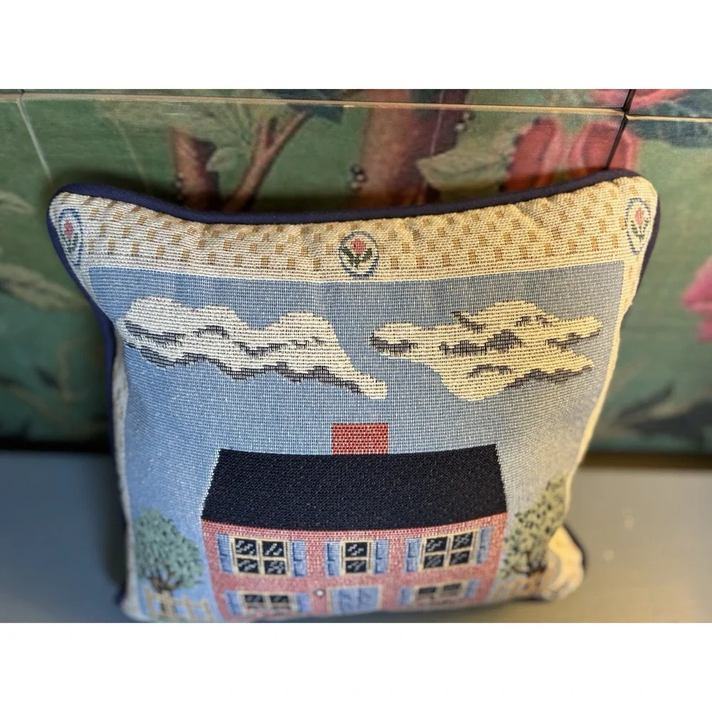 Vintage Needlepoint Colonial House Throw Pillow 12